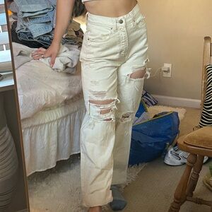 BDG ripped straight leg high rise cream jeans
